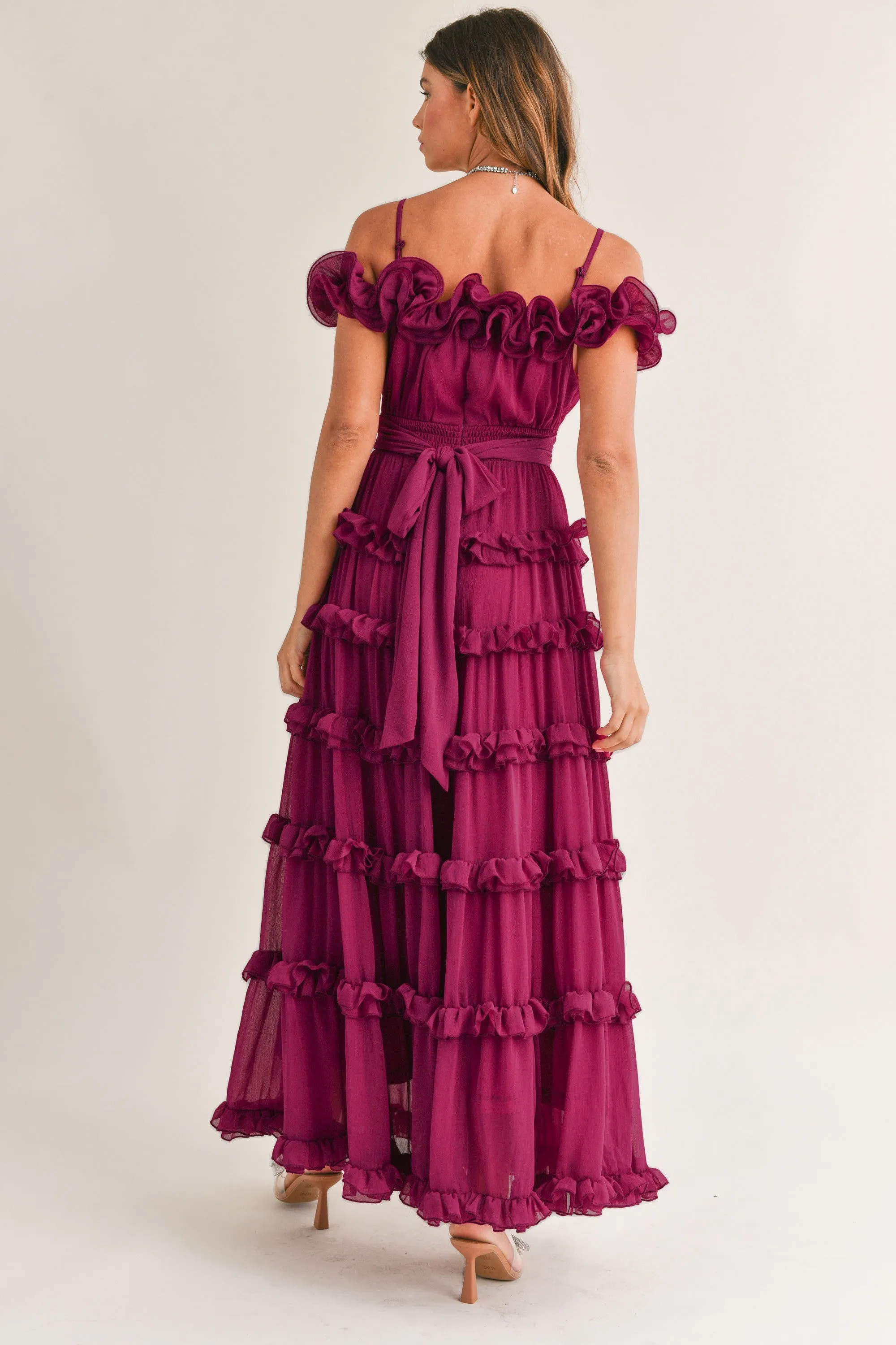 Leia Ruffled Floor Length Dress - Fuschia