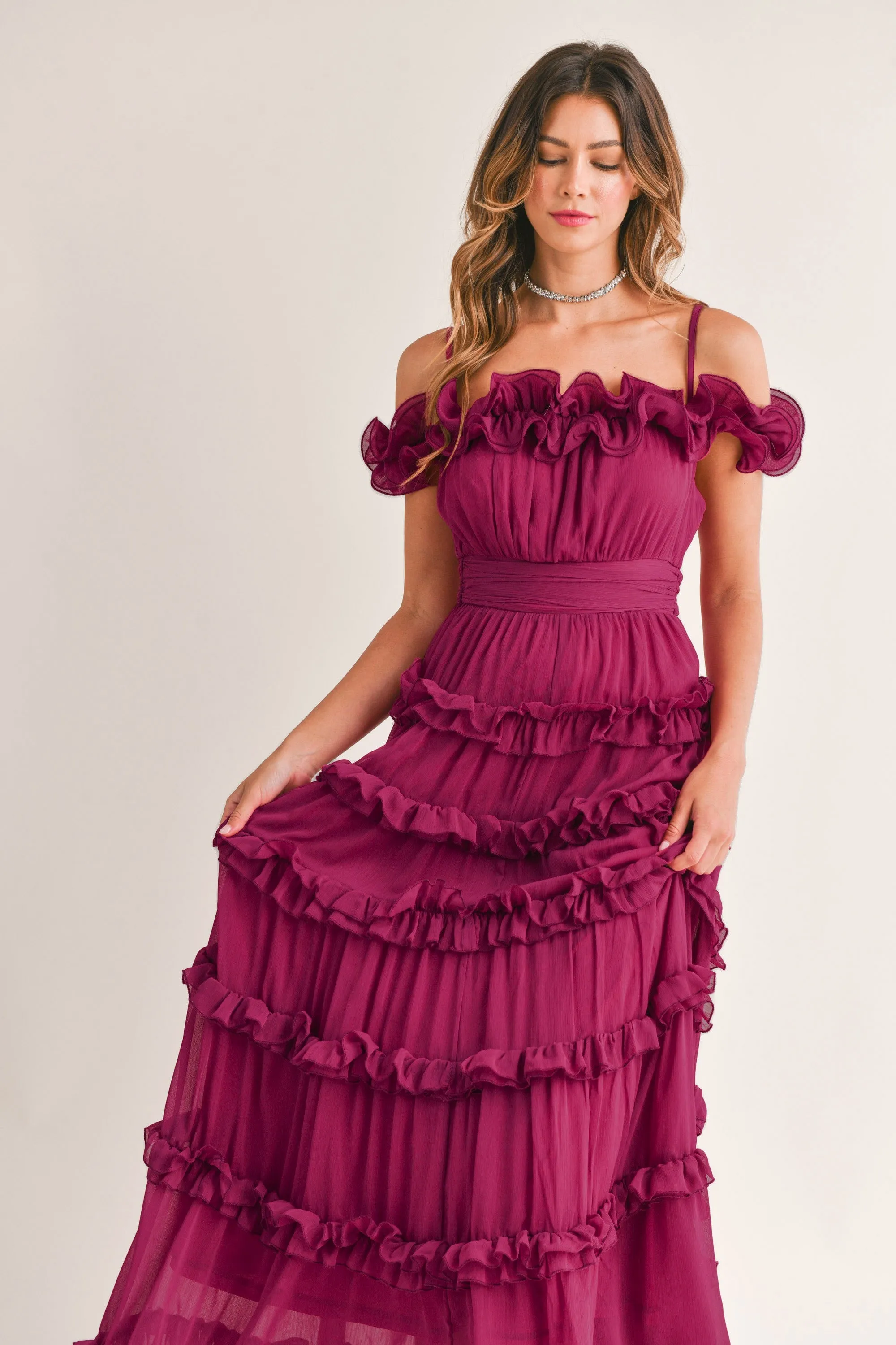 Leia Ruffled Floor Length Dress - Fuschia