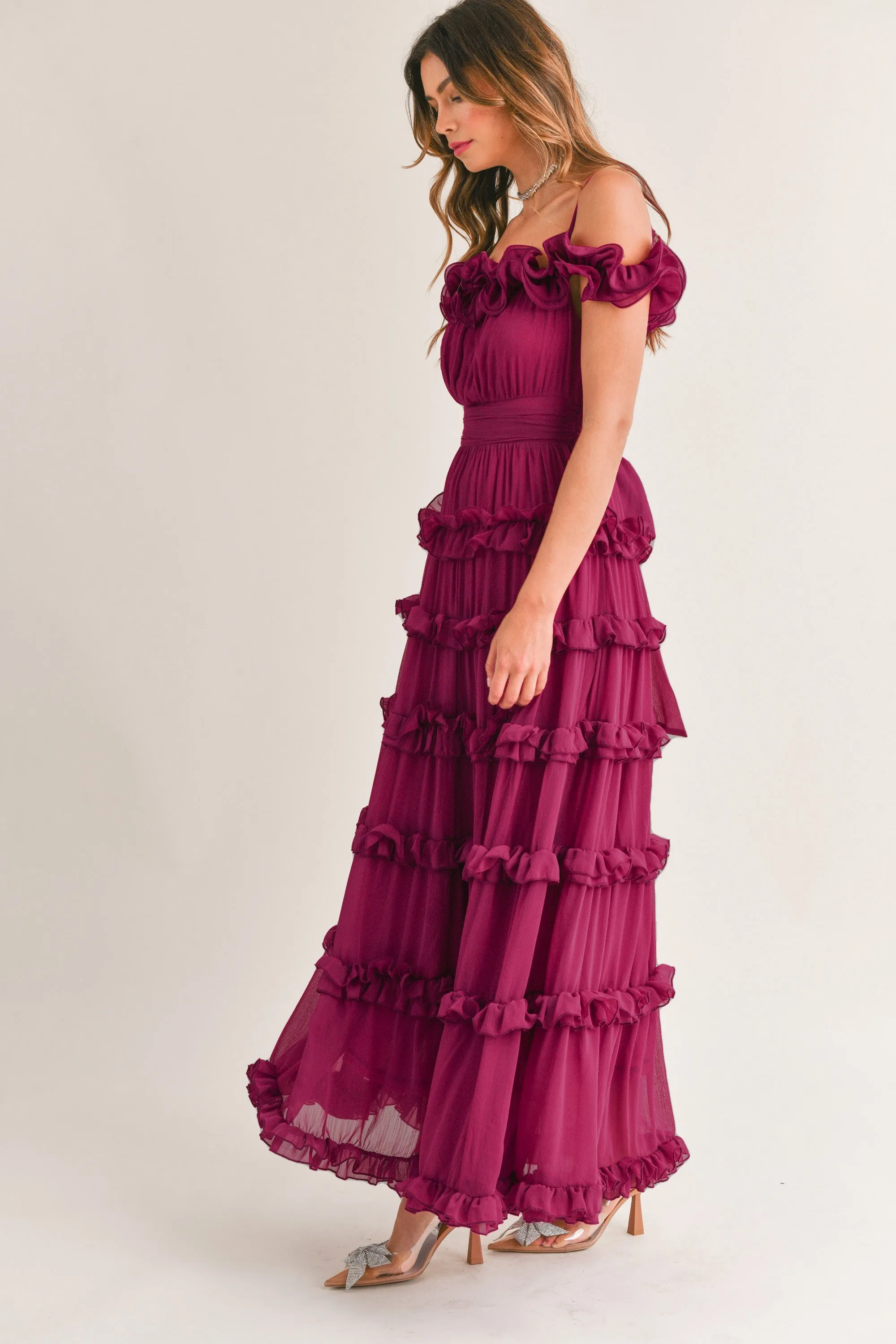 Leia Ruffled Floor Length Dress - Fuschia