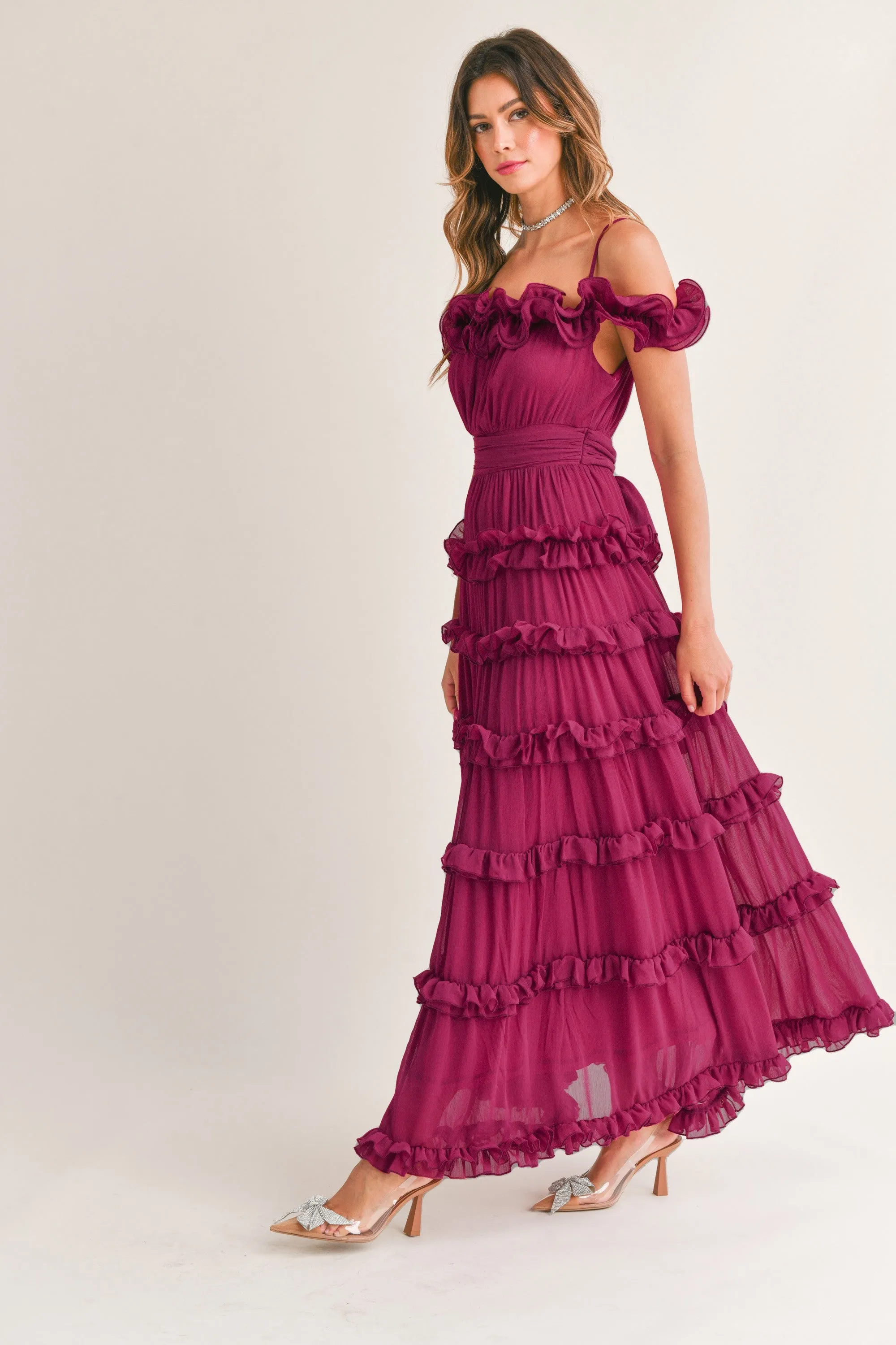 Leia Ruffled Floor Length Dress - Fuschia