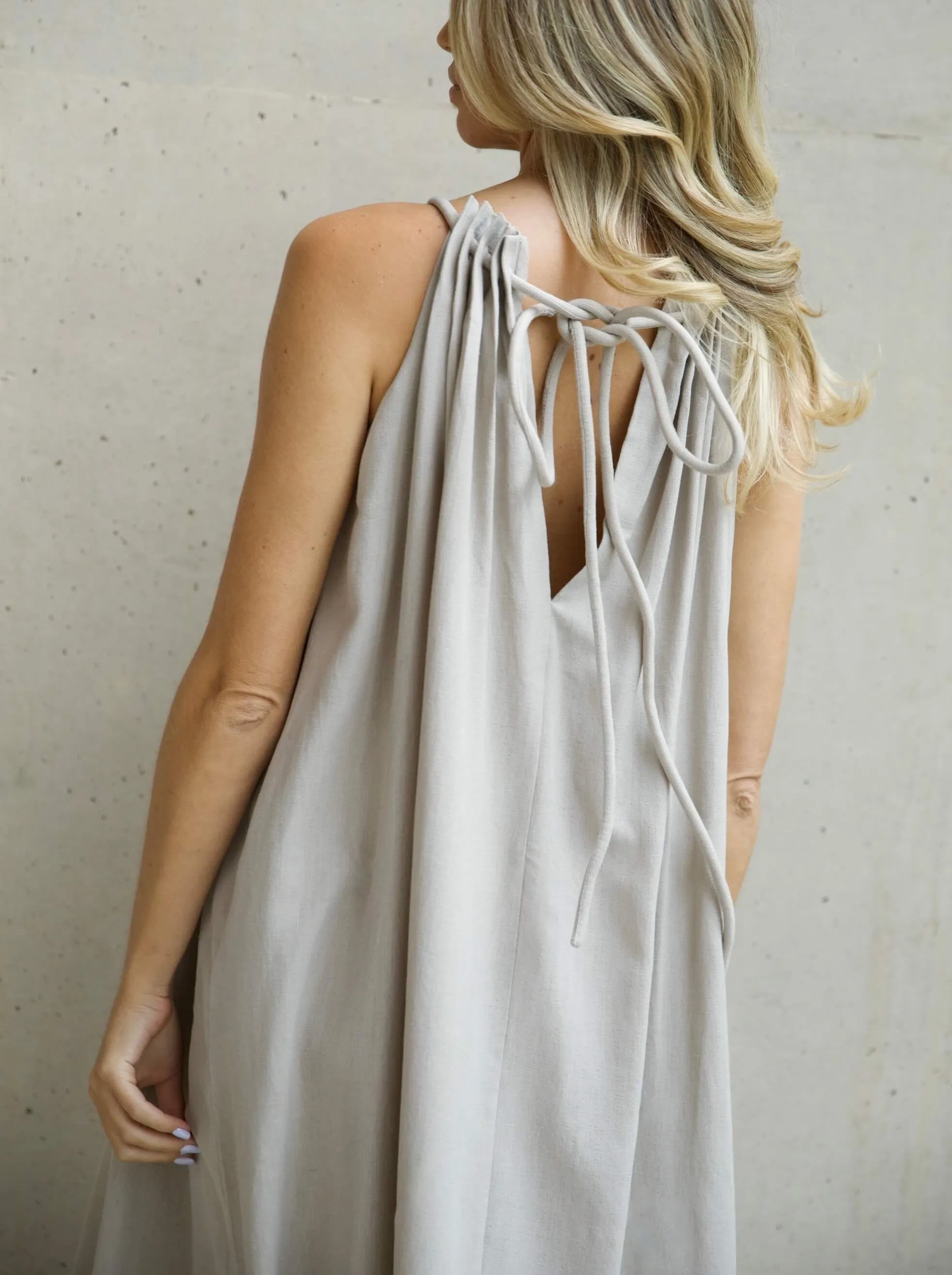 'MARIA' ROPE DETAIL RUCHED NECK MAXI DRESS STONE