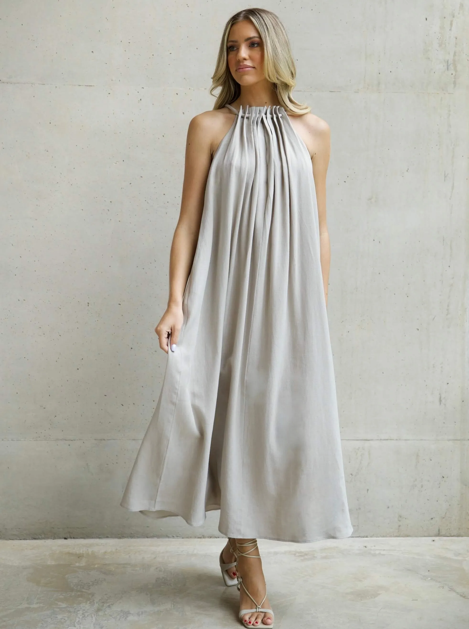 'MARIA' ROPE DETAIL RUCHED NECK MAXI DRESS STONE