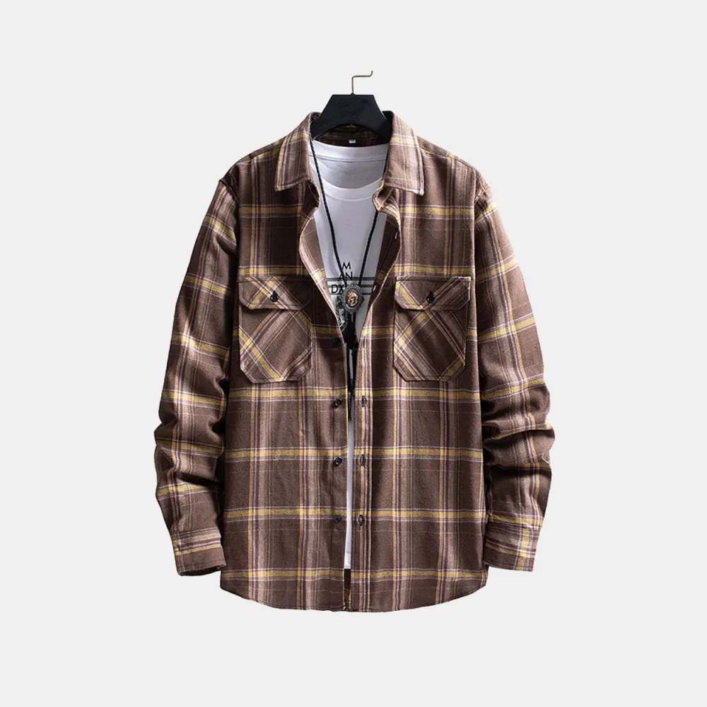 Men's Colorful Plaid Shirt Casual Brushed Long-sleeved Shirt Coat