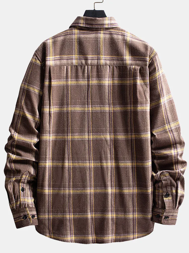 Men's Colorful Plaid Shirt Casual Brushed Long-sleeved Shirt Coat