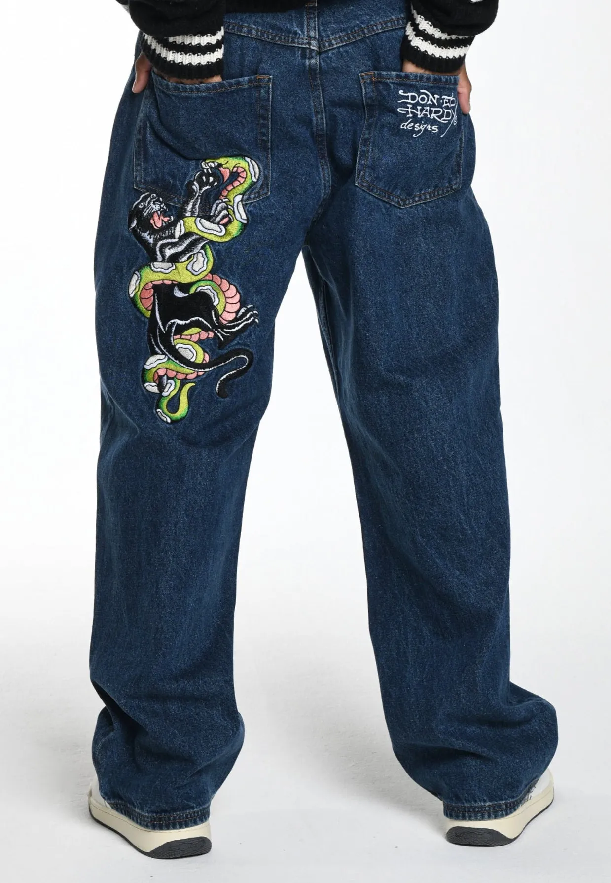 Mens Panther-Slither Tattoo Graphic Relaxed Denim Trousers Jeans - Indigo