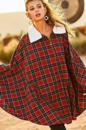 Mock Neck With Zipper Contrast Inside Front Pocket Plaid Poncho