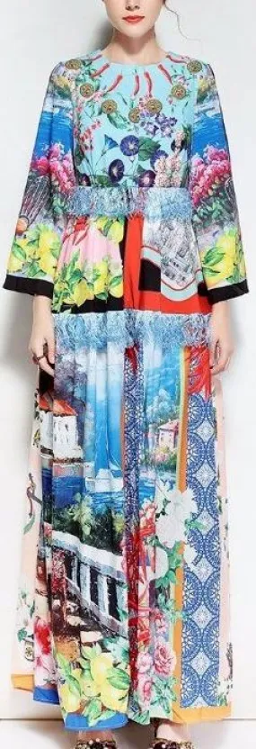 Multi Mixed Print Fringed Maxi Dress