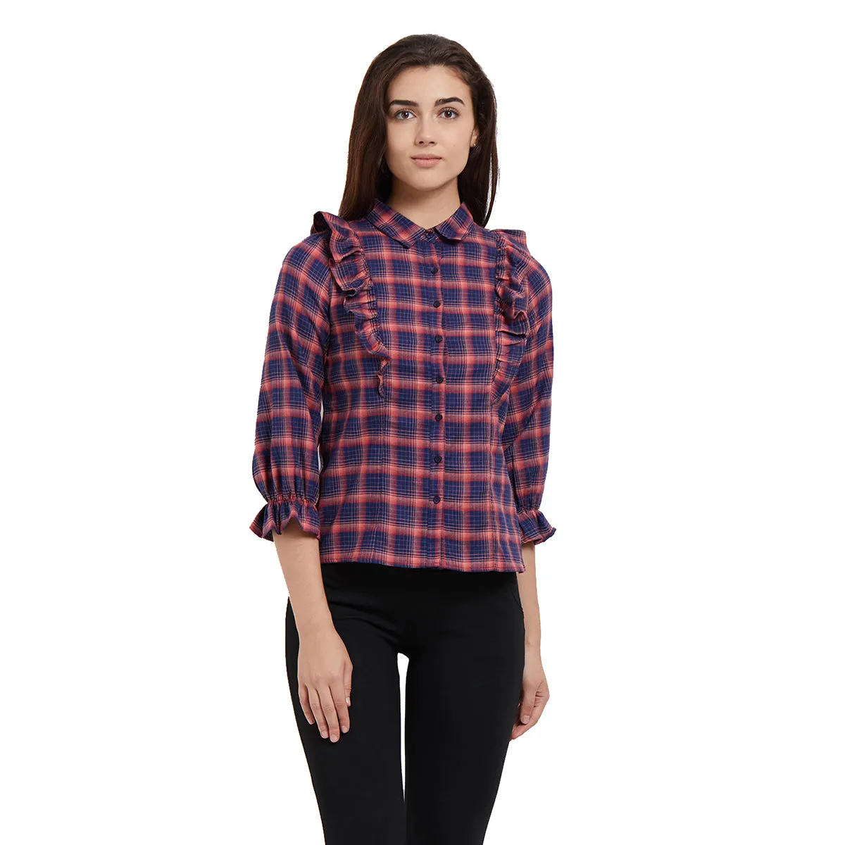 Navy Woven Checkered Shirt with Long Sleeves