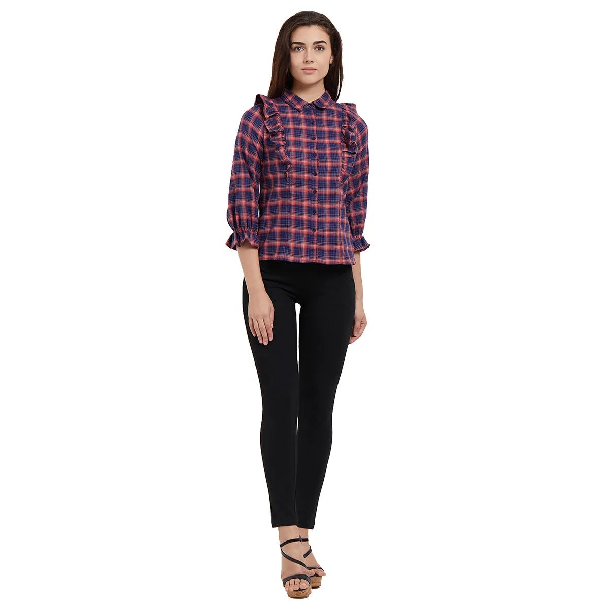 Navy Woven Checkered Shirt with Long Sleeves