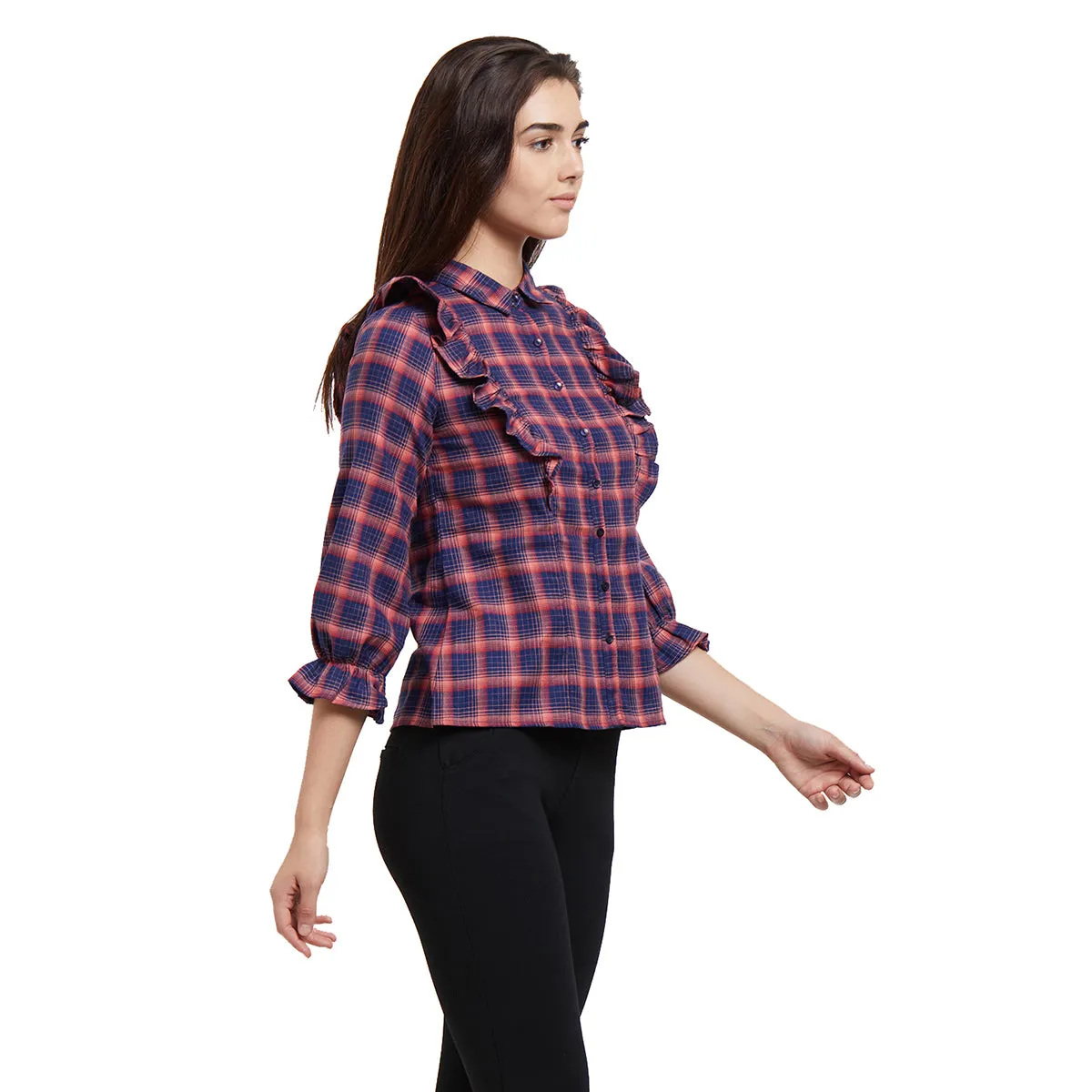 Navy Woven Checkered Shirt with Long Sleeves