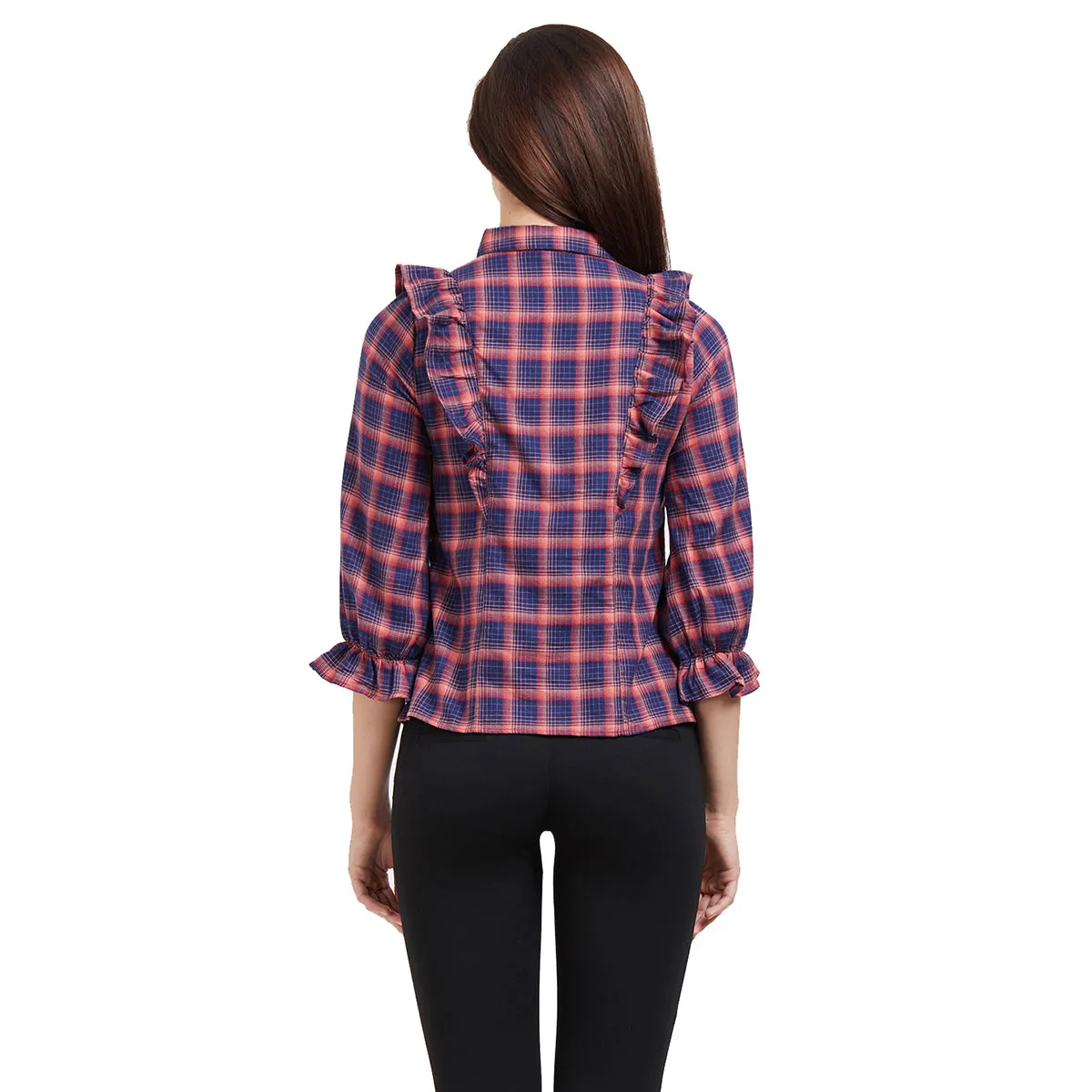 Navy Woven Checkered Shirt with Long Sleeves