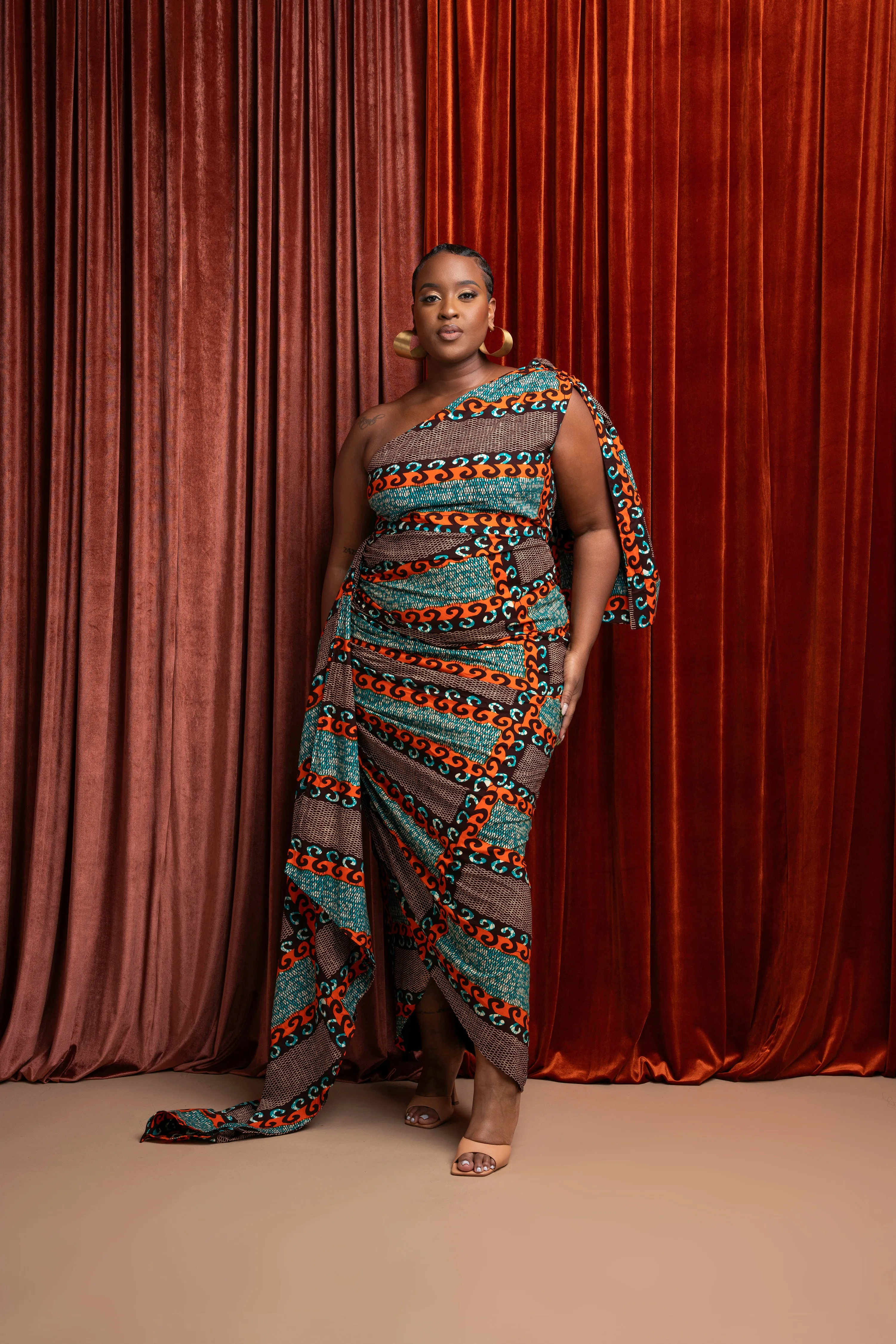 NNEKA African Print One Sleeve Drape Maxi Dress