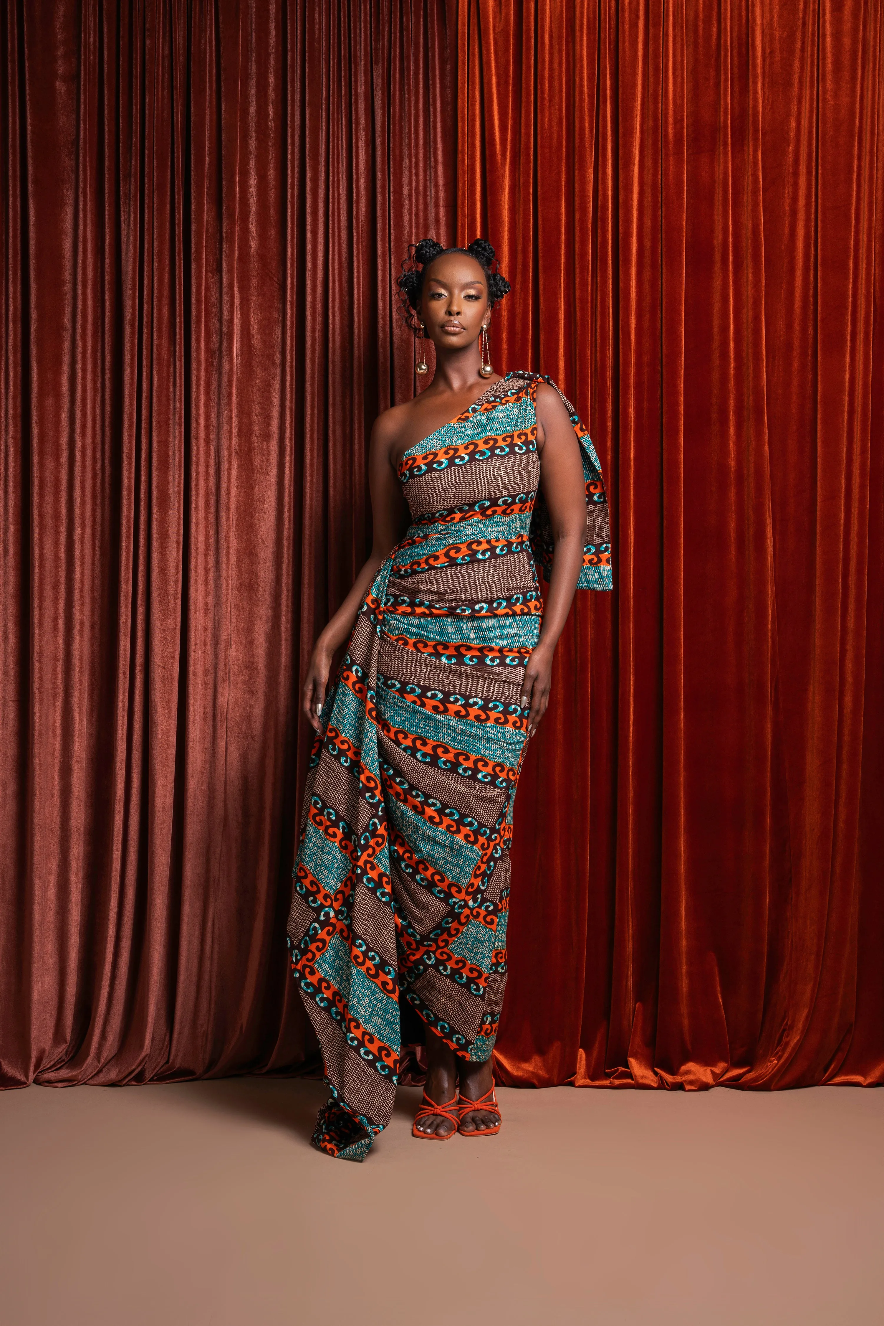 NNEKA African Print One Sleeve Drape Maxi Dress