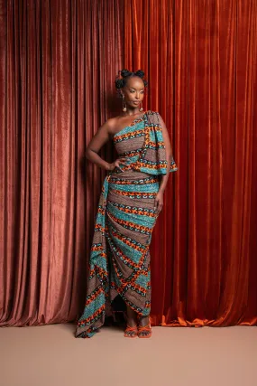 NNEKA African Print One Sleeve Drape Maxi Dress