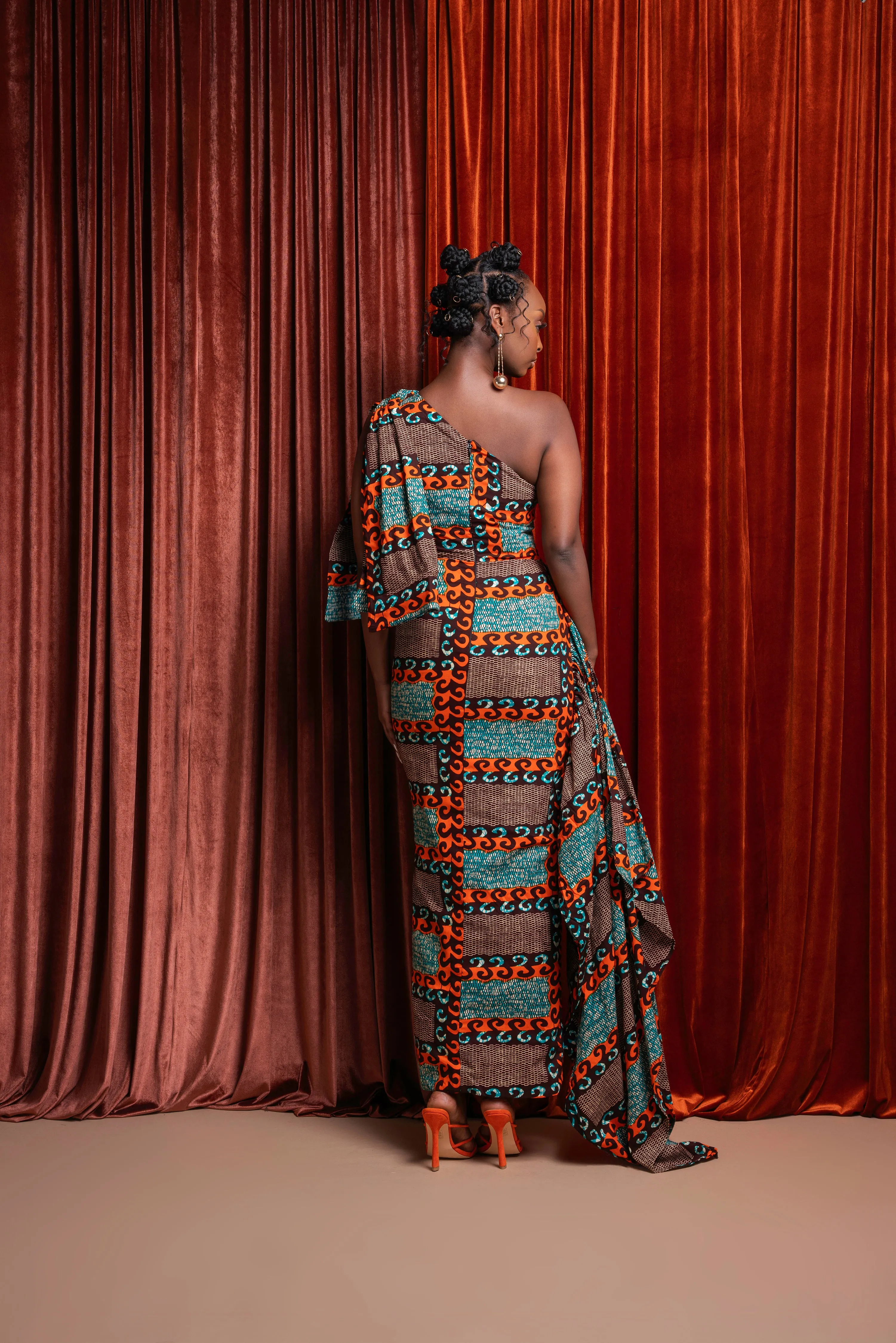 NNEKA African Print One Sleeve Drape Maxi Dress