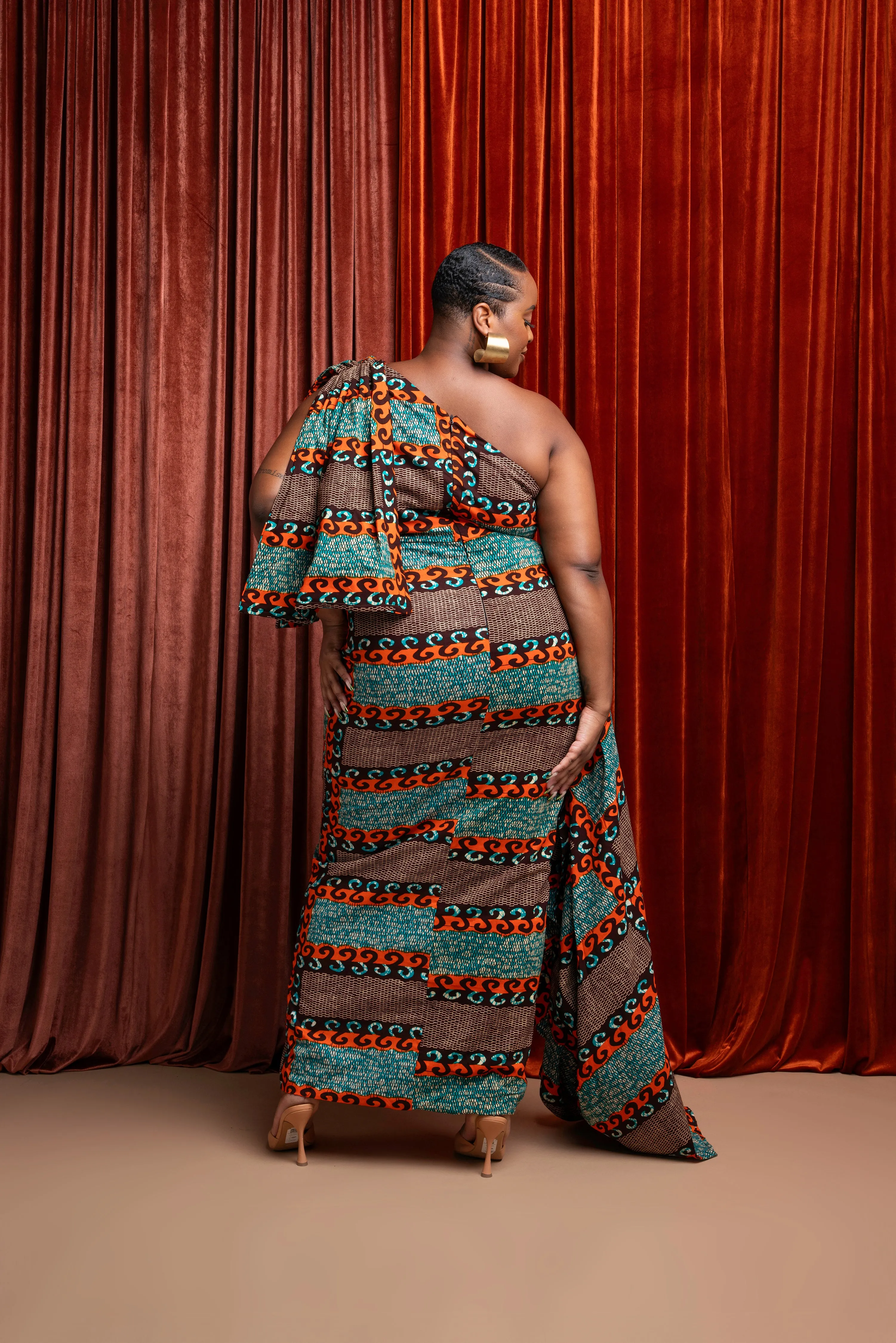 NNEKA African Print One Sleeve Drape Maxi Dress