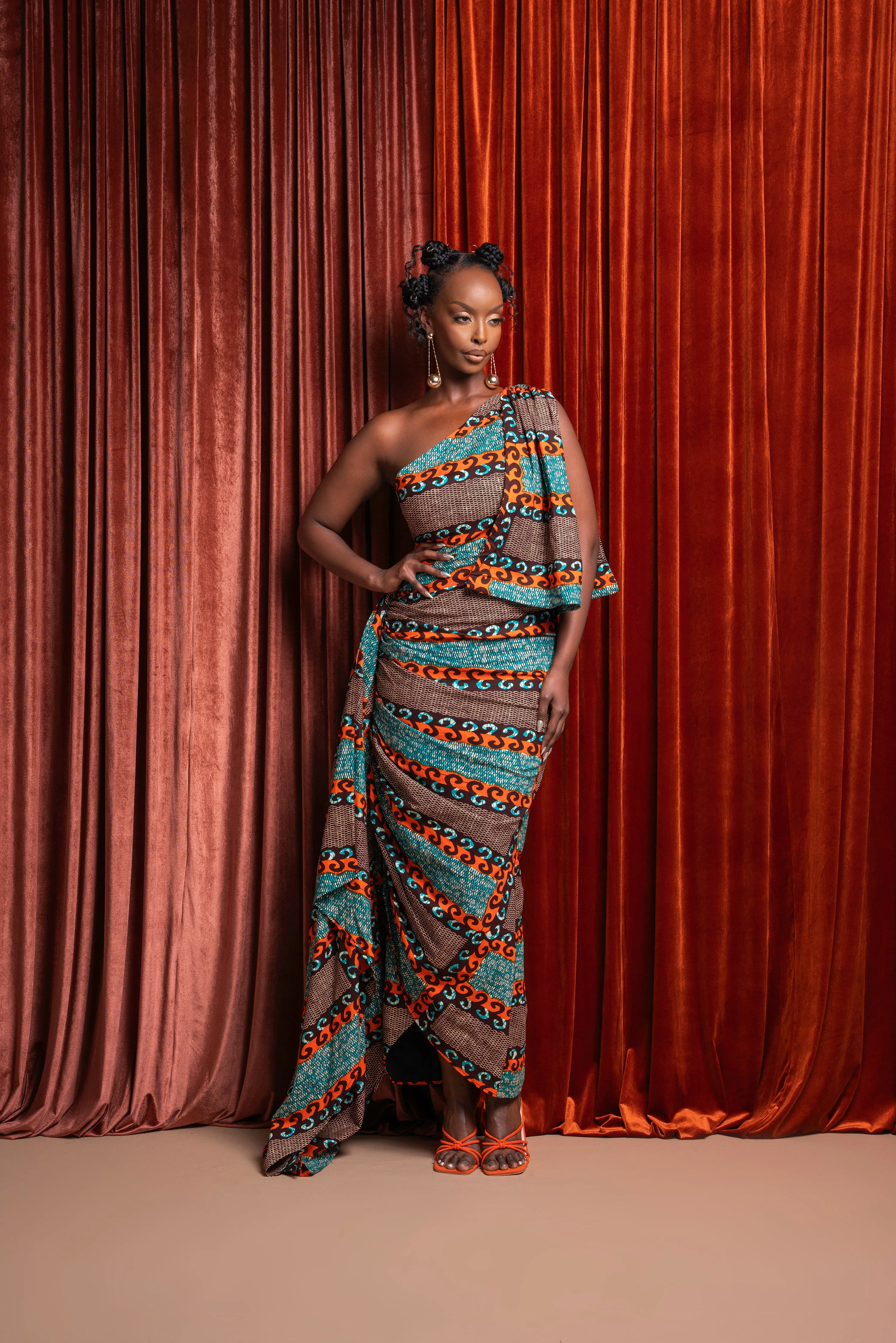 NNEKA African Print One Sleeve Drape Maxi Dress