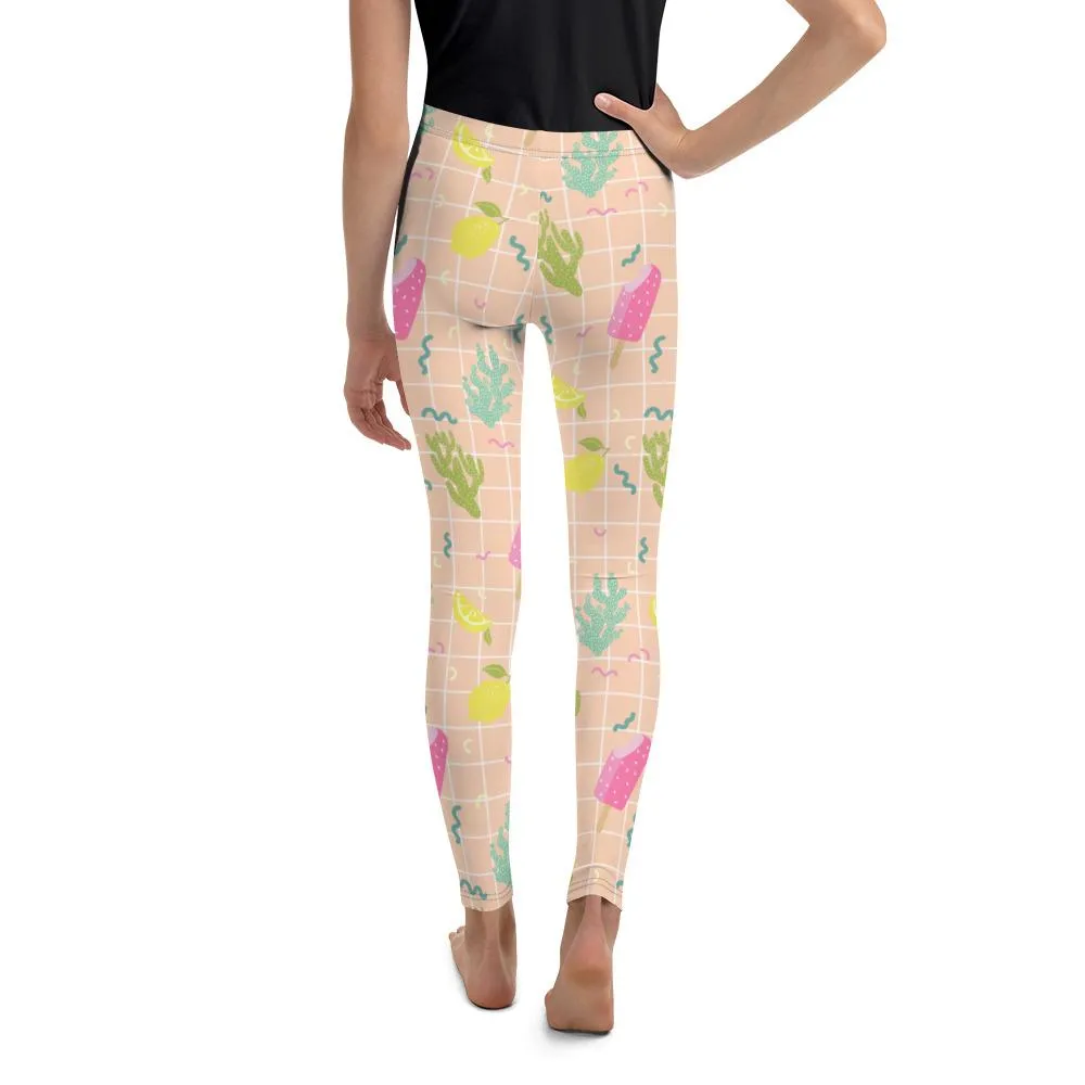 Nude Beige Ice Cream Tights, Cactus Print Youth Leggings Tight Workout Pants -Made in USA/EU