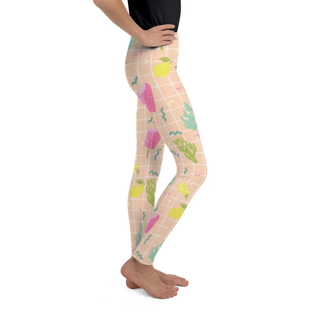 Nude Beige Ice Cream Tights, Cactus Print Youth Leggings Tight Workout Pants -Made in USA/EU