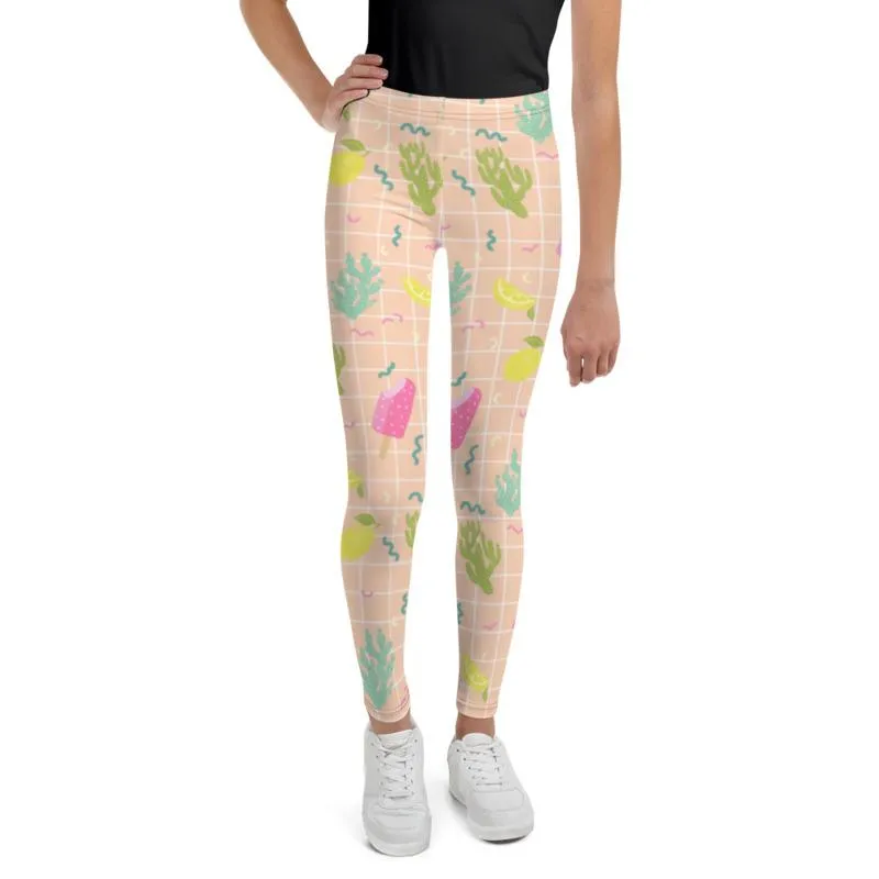 Nude Beige Ice Cream Tights, Cactus Print Youth Leggings Tight Workout Pants -Made in USA/EU