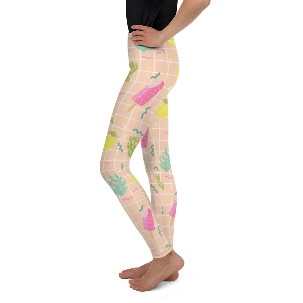 Nude Beige Ice Cream Tights, Cactus Print Youth Leggings Tight Workout Pants -Made in USA/EU