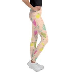 Nude Beige Ice Cream Tights, Cactus Print Youth Leggings Tight Workout Pants -Made in USA/EU