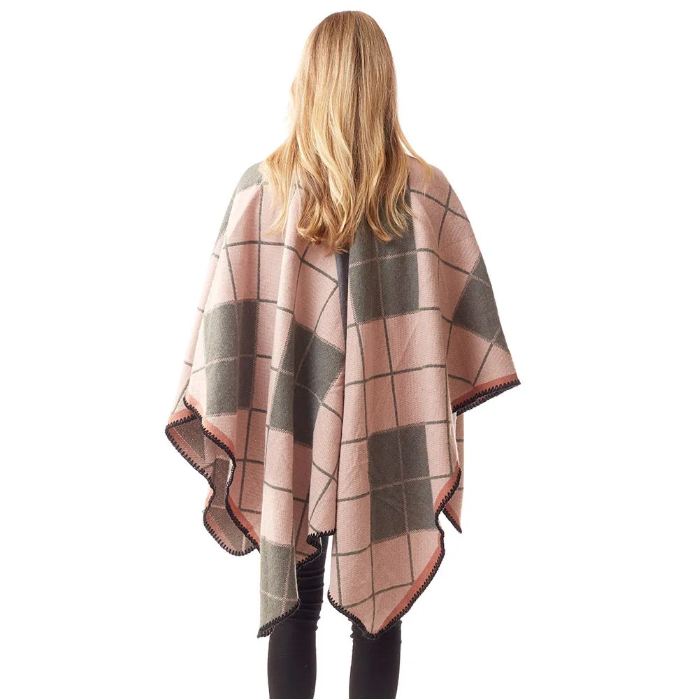 Plaid Check Patterned Poncho - Pink and Grey