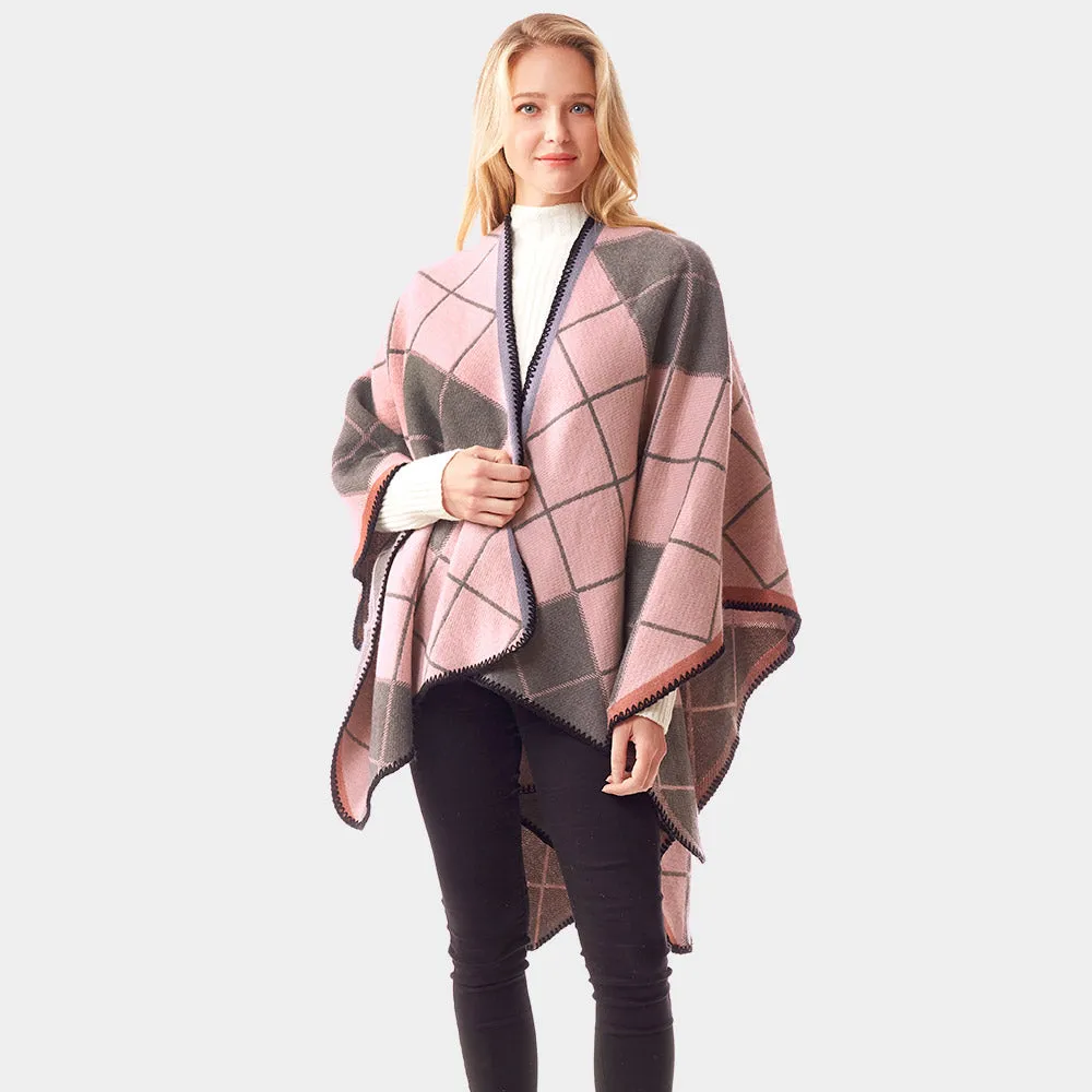 Plaid Check Patterned Poncho - Pink and Grey