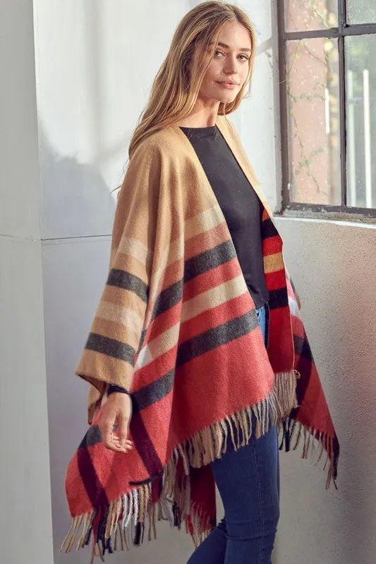 Plaid Khaki Pattern Shawl Poncho