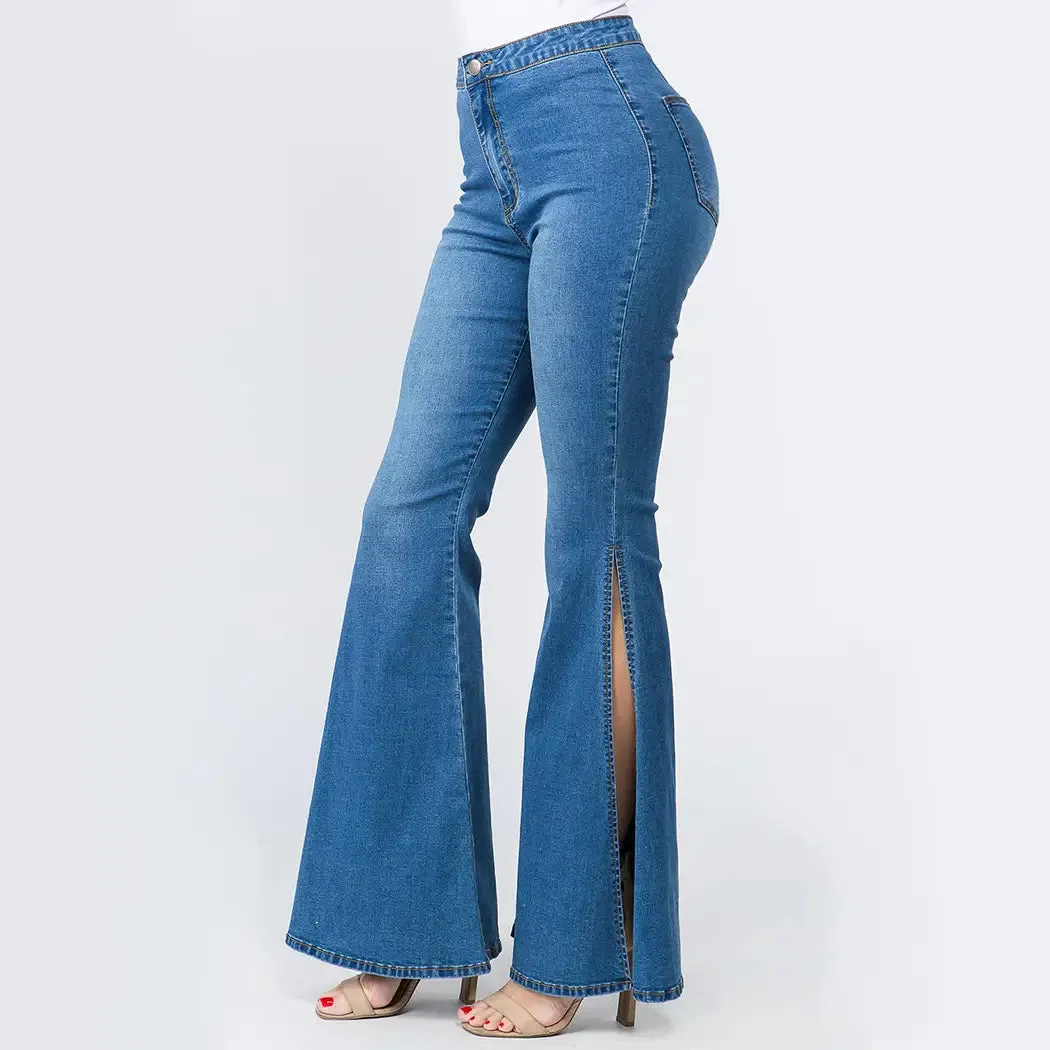 PLUS SIZE HIGH WAIST BELL BOTTOM SLIT DENIM JEANS