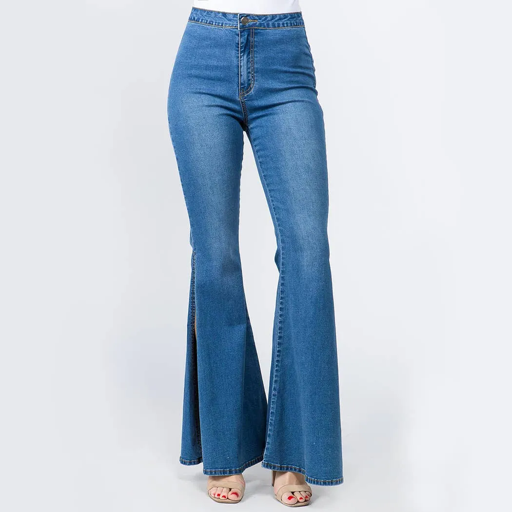 PLUS SIZE HIGH WAIST BELL BOTTOM SLIT DENIM JEANS