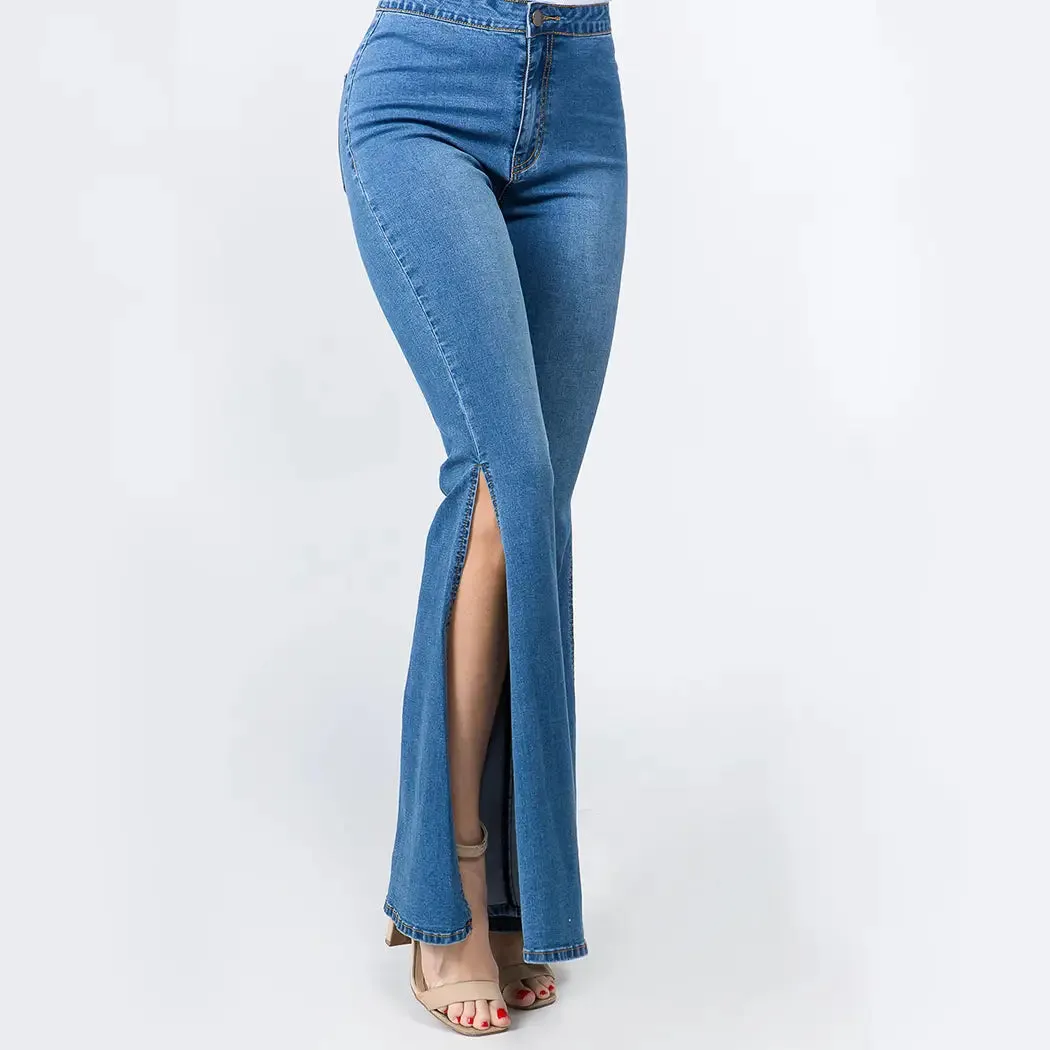 PLUS SIZE HIGH WAIST BELL BOTTOM SLIT DENIM JEANS