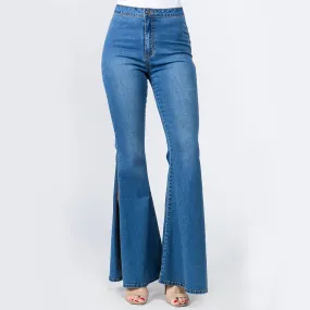 PLUS SIZE HIGH WAIST BELL BOTTOM SLIT DENIM JEANS