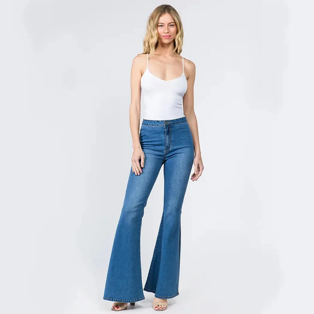 PLUS SIZE HIGH WAIST BELL BOTTOM SLIT DENIM JEANS