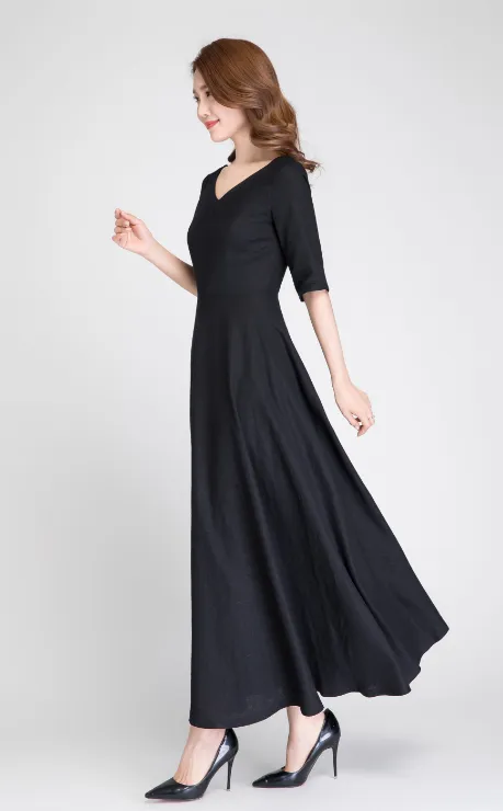 prom dress long, black linen dress, formal dress, maxi dress black, prom dress long 1893