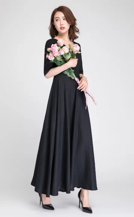 prom dress long, black linen dress, formal dress, maxi dress black, prom dress long 1893