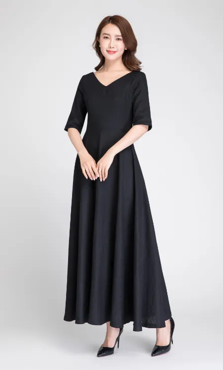 prom dress long, black linen dress, formal dress, maxi dress black, prom dress long 1893