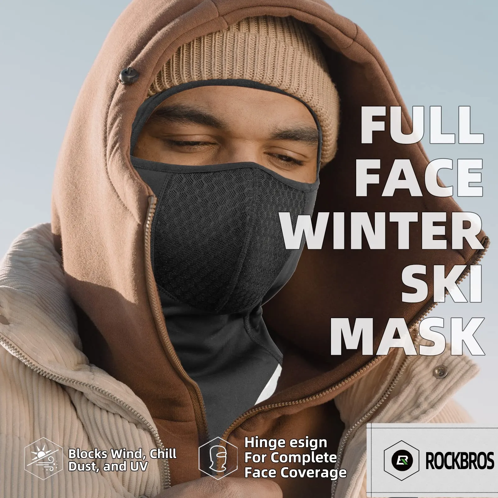 ROCKBROS Thermal Ski Mask, Windproof Fleece Balaclava for Cold Weather, Ski Face Mask for Men