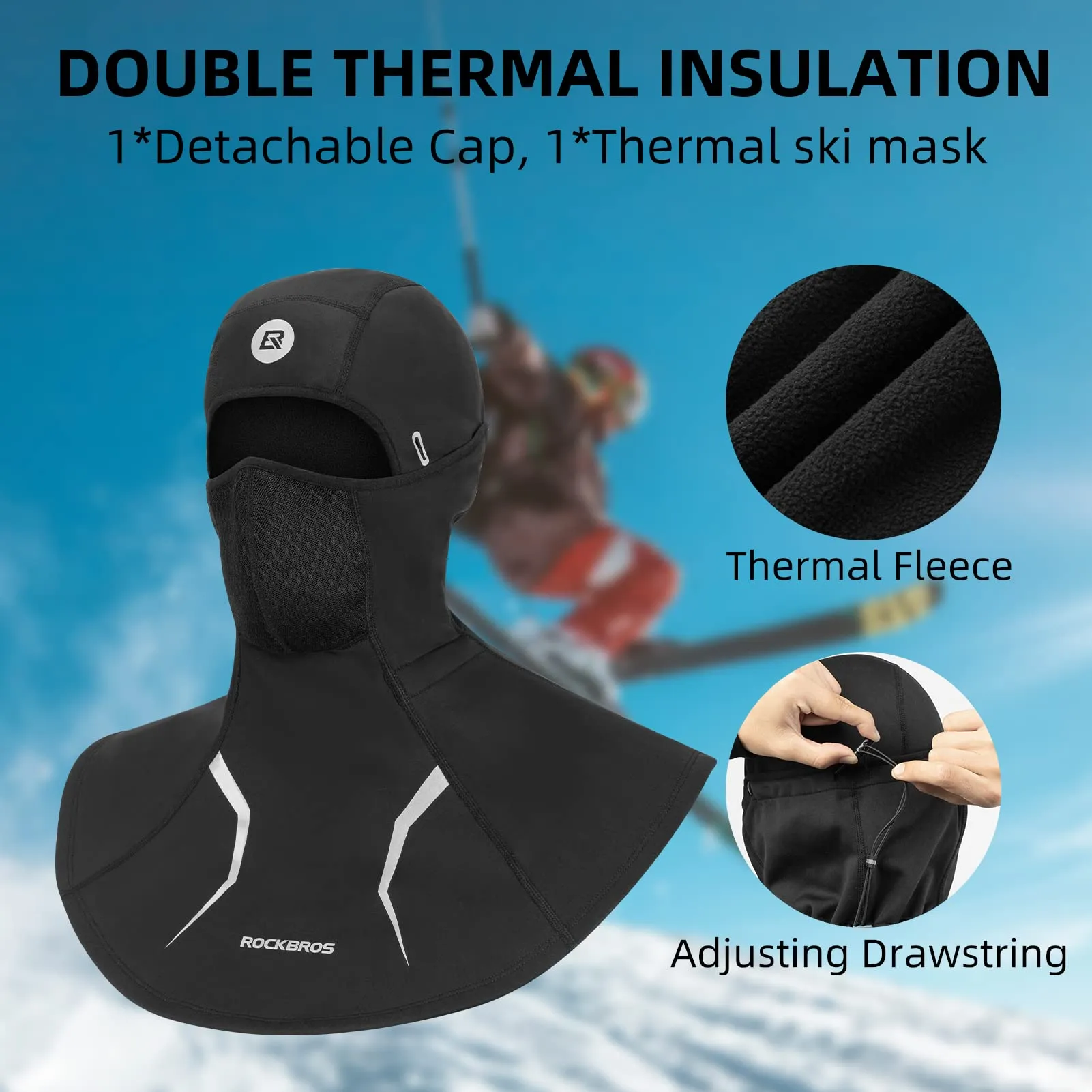 ROCKBROS Thermal Ski Mask, Windproof Fleece Balaclava for Cold Weather, Ski Face Mask for Men