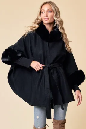 Soft Faux Fur Belted Poncho Coat