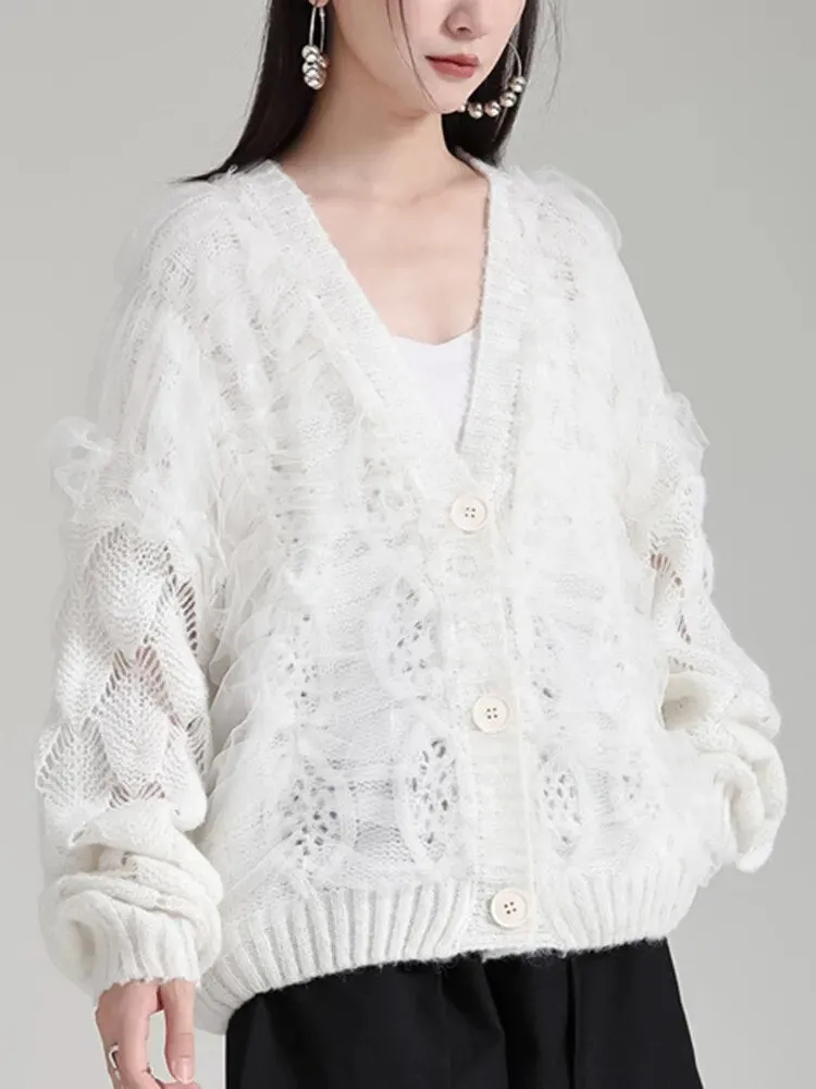 Solid Patchwork Mesh Temperament Knitting Sweaters For Women V Neck Long Sleev Spliced Button Sweater Female