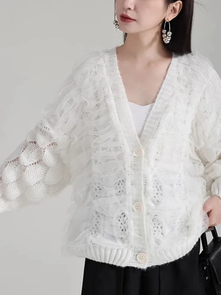 Solid Patchwork Mesh Temperament Knitting Sweaters For Women V Neck Long Sleev Spliced Button Sweater Female