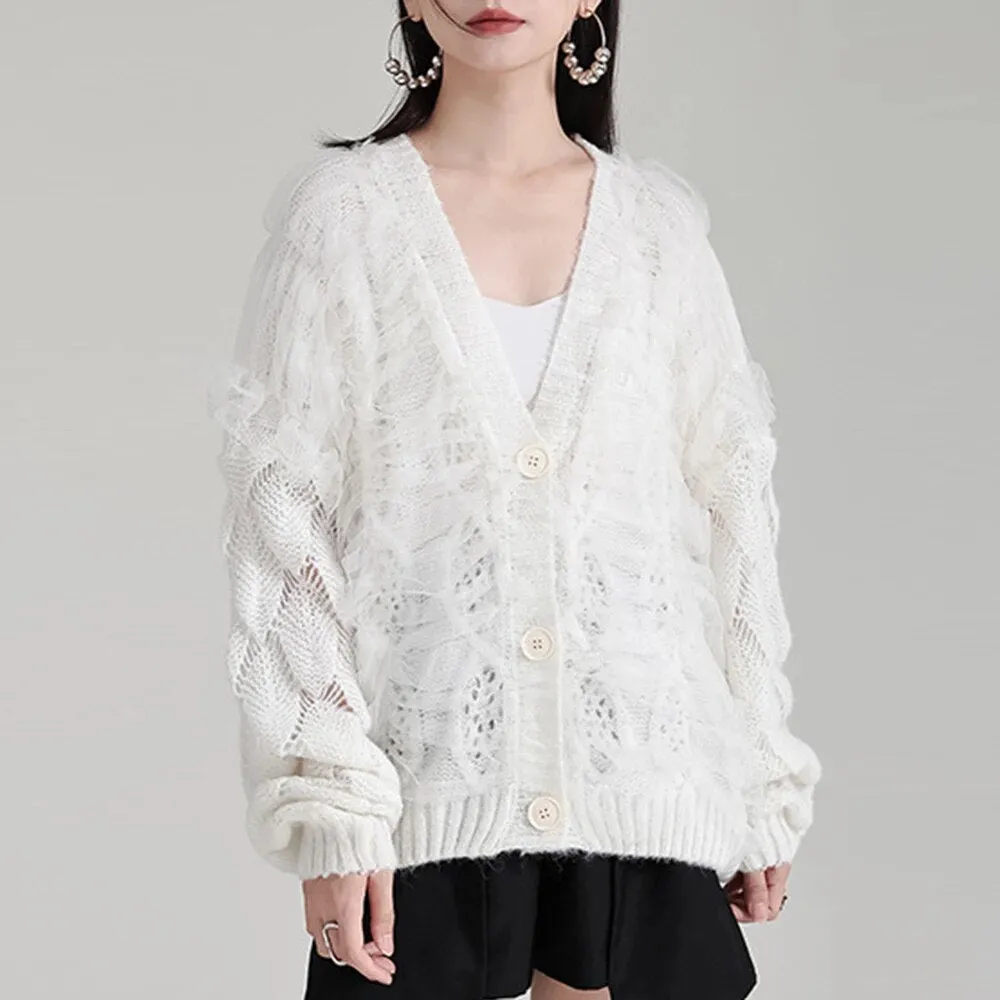 Solid Patchwork Mesh Temperament Knitting Sweaters For Women V Neck Long Sleev Spliced Button Sweater Female