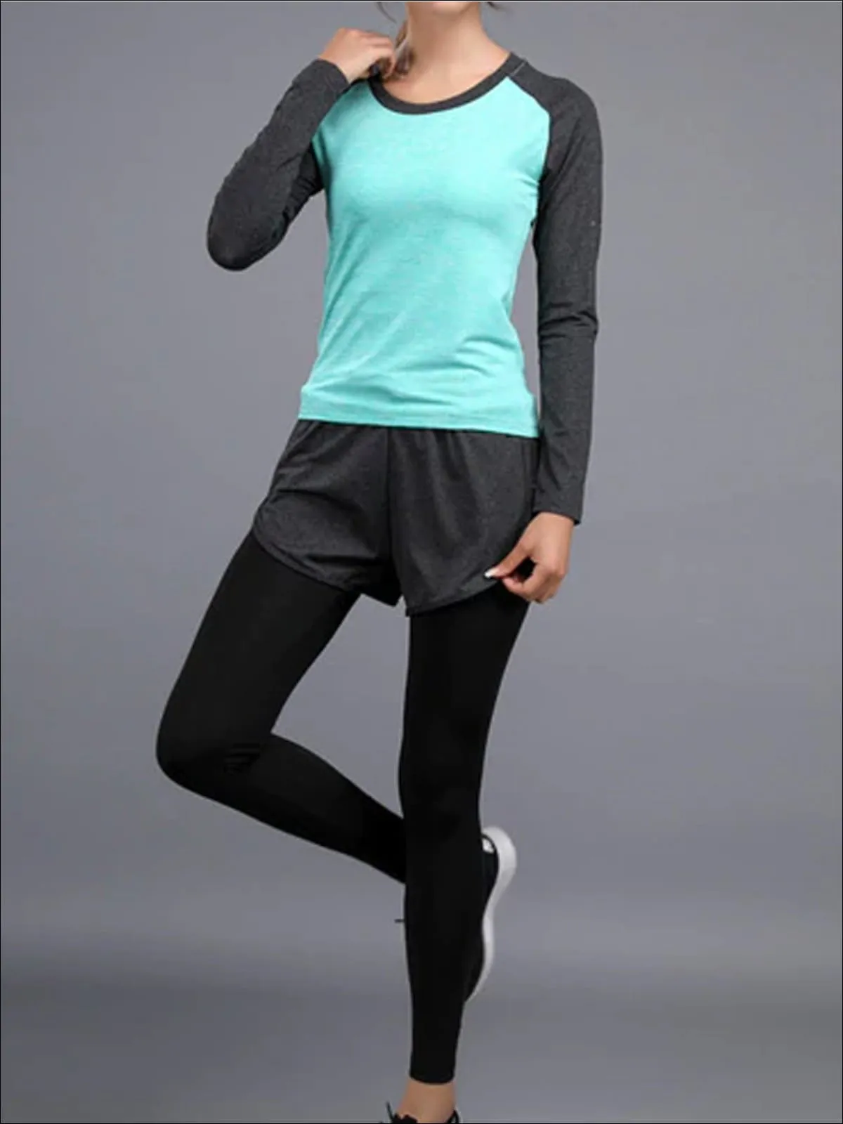 Women's Two Tone Active Long Sleeve Top And Leggings with Short Set