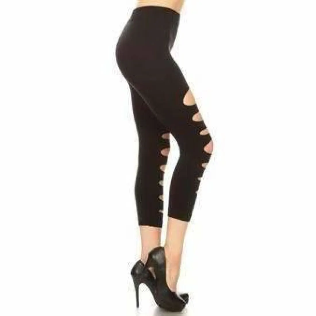 Yelete Ladies' Black Ripped Skinny Capri Leggings